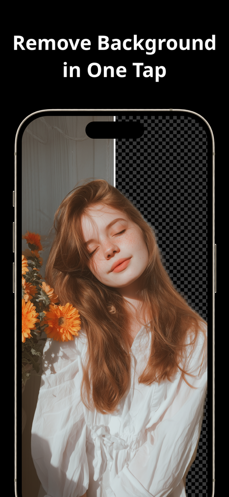 Photo Enhancer AI - PhotoPlus - AI background removal feature showing a portrait before and after