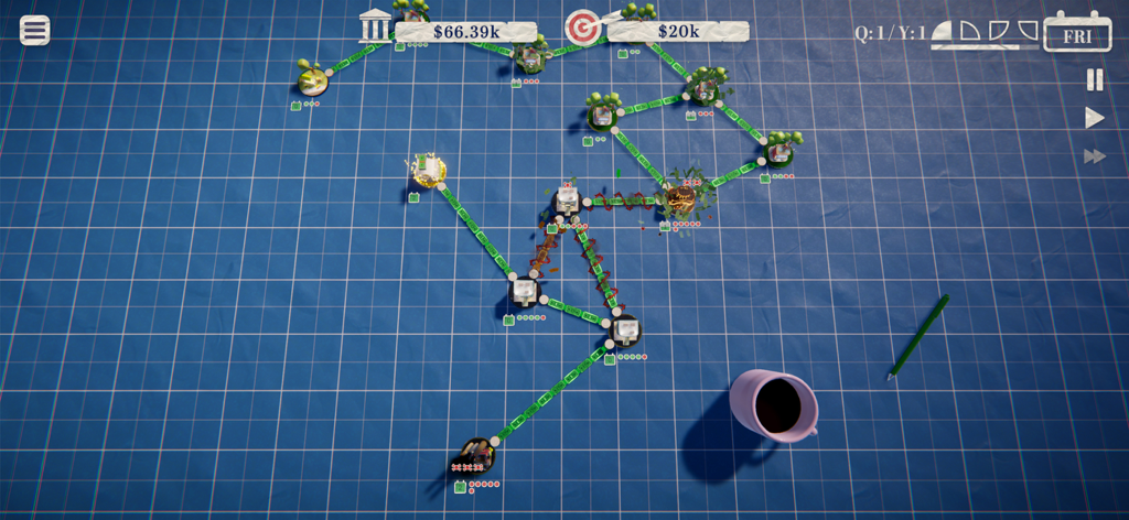 Simple CEO Business Simulator - Captura de tela da jogabilidade do Simple CEO Business Simulator mostrando uma rede interconectada de negócios e gerenciamento de fluxo de caixa em uma grade blueprint azul