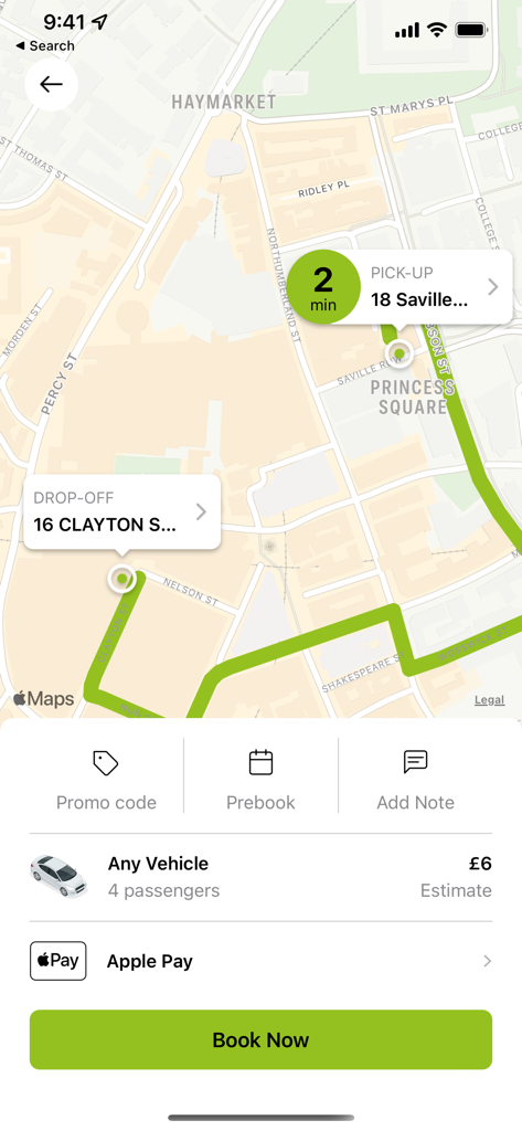 Nearby Taxis. - Nearby Taxis app interface showing a map route and estimated fare for booking a taxi
