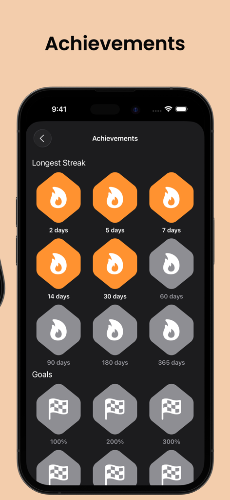 Achievements screen in the Grit habit tracker app showing longest streak milestones and goal progress