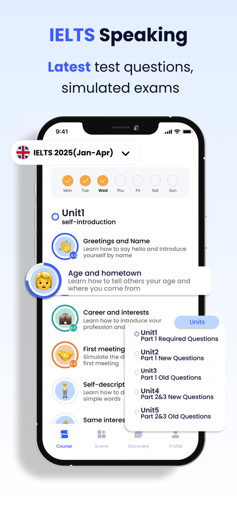 Aplicación Sky Lingo que muestra unidades de habla del IELTS y preguntas simuladas del examen