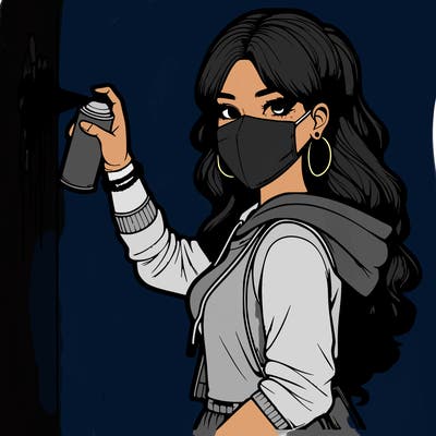 realistic girl with mask spray painting a wall