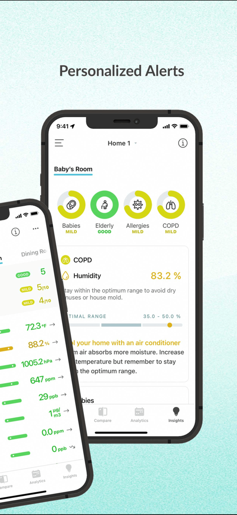 uHoo - uHoo mobile app displaying personalized air quality alerts for different health conditions in a baby's room