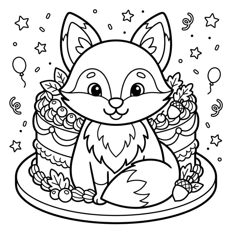 Dive into a delightful coloring adventure with our charming fox character cake design. This intricate page captures the joy of celebration, inviting you to bring vibrant hues to a whimsical scene.