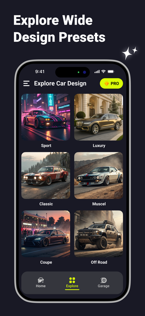 AI Car Designer app interface showing categories like sport luxury classic and muscle car presets