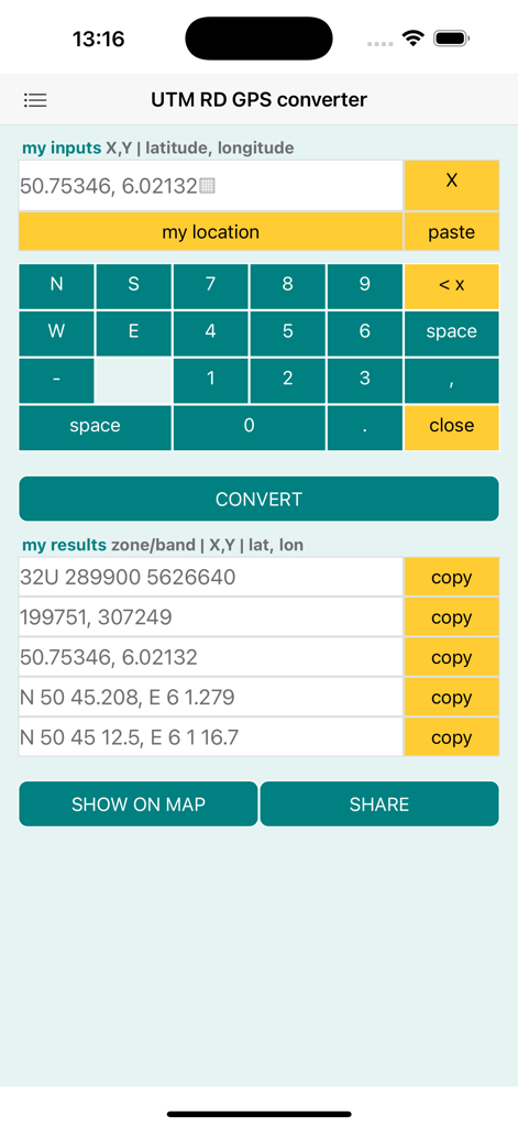 UTM RD GPS coords converter - Interface of the UTM RD GPS converter app showing coordinate conversion results and a custom keypad