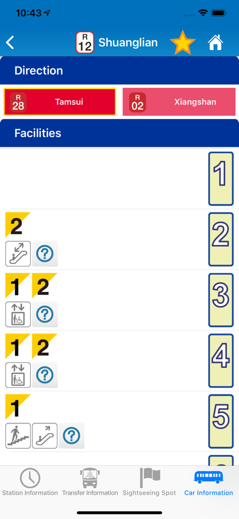 Go! Taipei Metro - Go! Taipei Metro app showing Shuanglian station facility icons for elevators and escalators