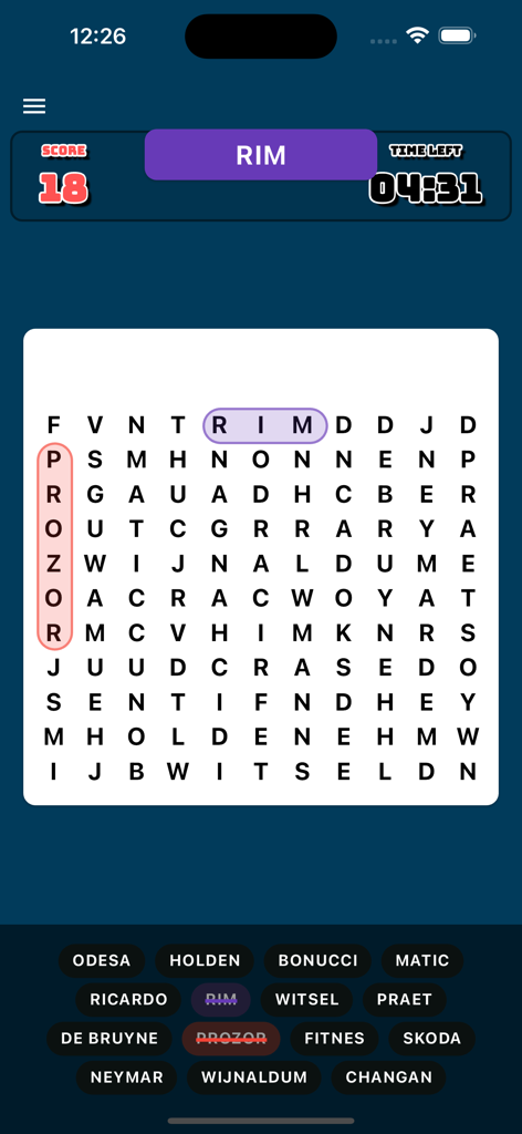 Atomia Games: Multiplayer Fun - A word search puzzle interface showing a grid of letters with found words and a timer
