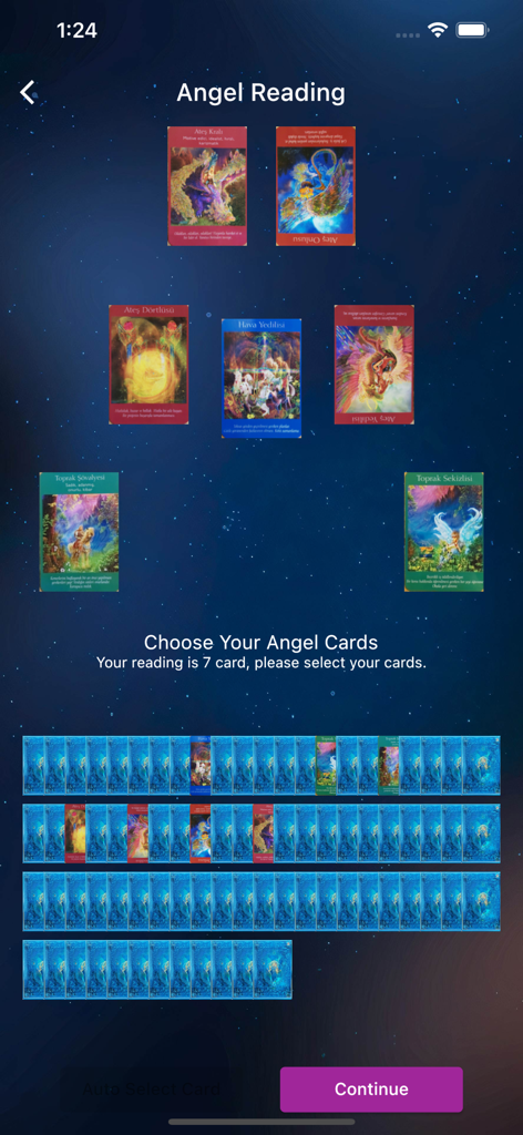 A user interface for an Angel Reading in the Falyolu app showing a seven-card spread selection against a starry night background.