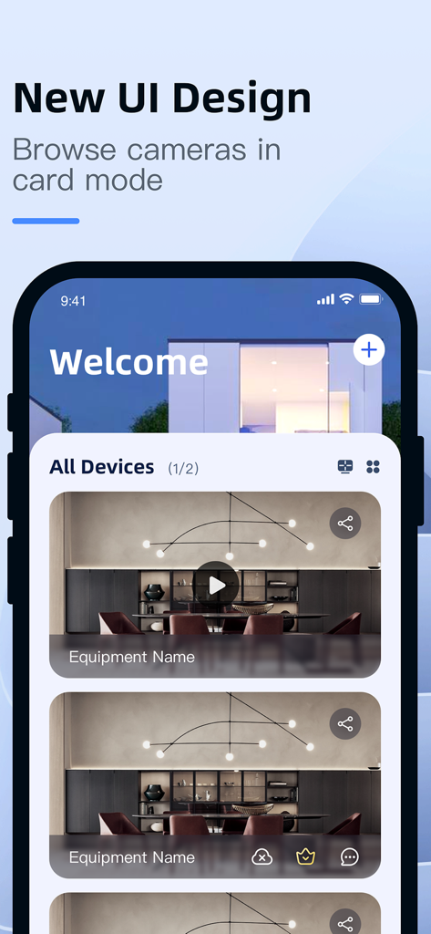 Pantalla móvil que muestra el nuevo diseño de interfaz de usuario de la aplicación YI Smart con transmisiones de cámaras de seguridad del hogar mostradas en modo de tarjeta.