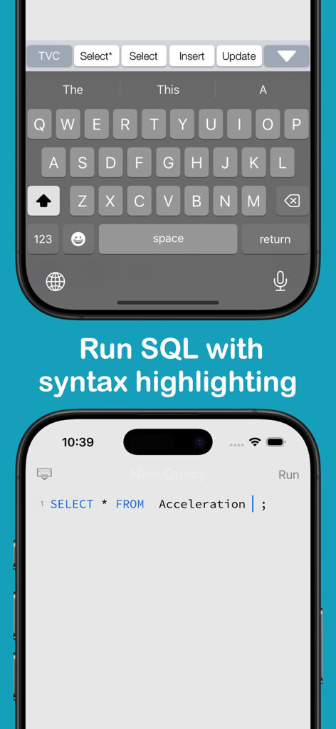 La aplicación SQLed mostrando una consulta SQL con resaltado de sintaxis azul y un teclado de desarrollador especializado en una pantalla de iPhone
