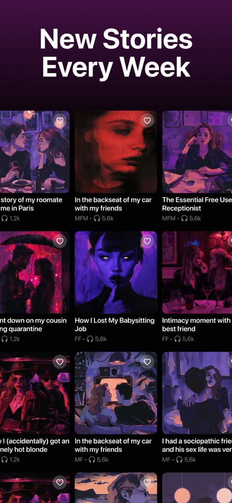 Maven - Spicy Audio Stories - Una biblioteca de nuevas historias picantes en audio en la aplicación Maven con arte de portada ilustrado y títulos de historias.