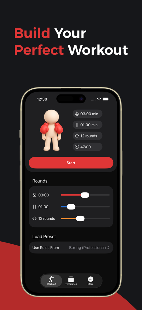 Boxing Timer: Boxio - Interface of Boxio app showing adjustable boxing round timers and workout presets