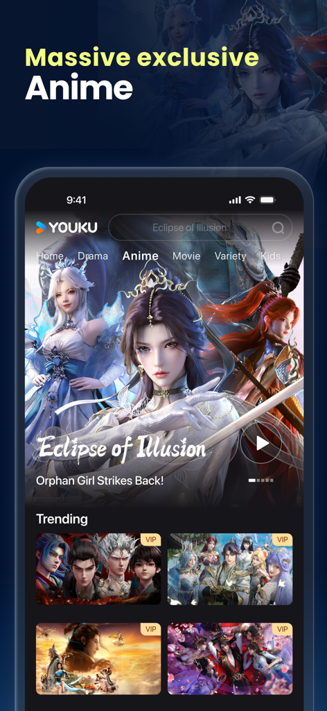 YOUKU-Drama, Film, Show, Anime - YOUKU app interface displaying exclusive anime titles including Eclipse of Illusion.