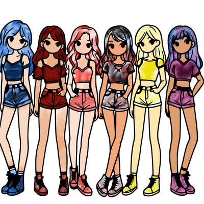 a group of girls wearing crop tops and shorts