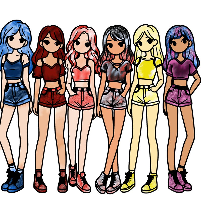 a group of girls wearing crop tops and shorts