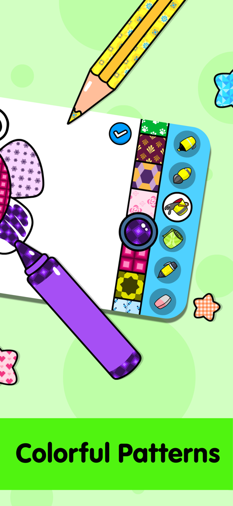 A coloring page interface for kids featuring various colorful patterns and drawing tools