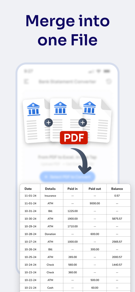 複数の銀行明細PDFを単一の整理されたExcelテーブルにマージする機能を示すスクリーンショット