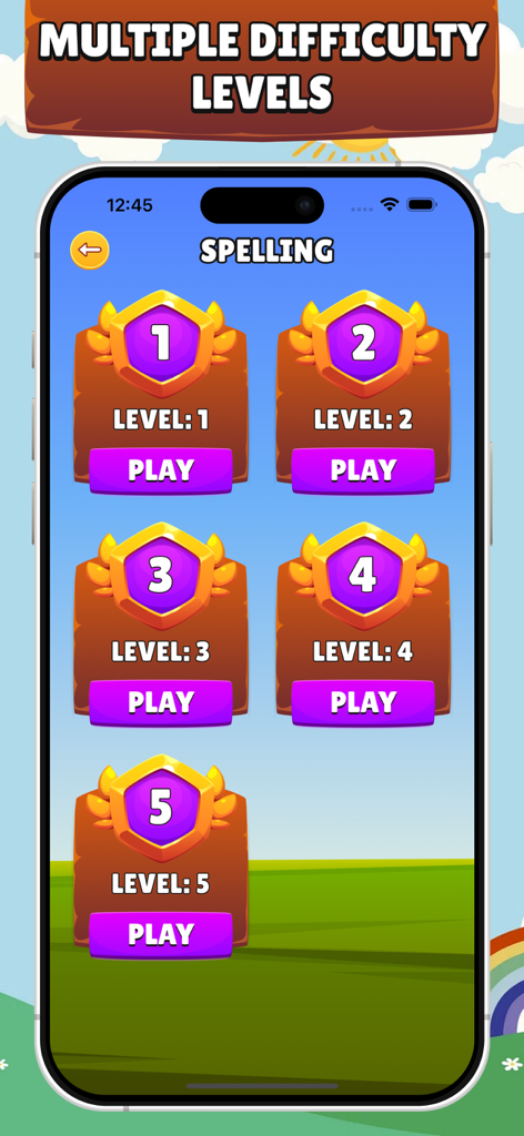 Spelling Games - Learn to Read - Una pantalla del juego de ortografía que muestra cinco niveles de dificultad progresiva diferentes para que los niños elijan.