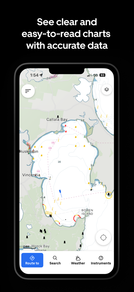 Schermata di iPhone che mostra carte nautiche chiare e dettagliate con dati marini accurati sull'app Orca.