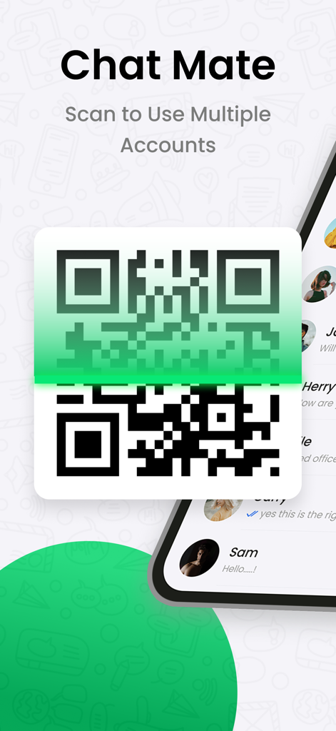 Dual App Manager: Chat Mate - A screen from the Chat Mate app showing a QR code scanner to sync and manage multiple social media accounts on a single device