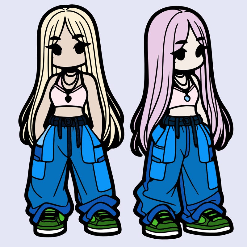 girl in baggy pants crop top and long hair