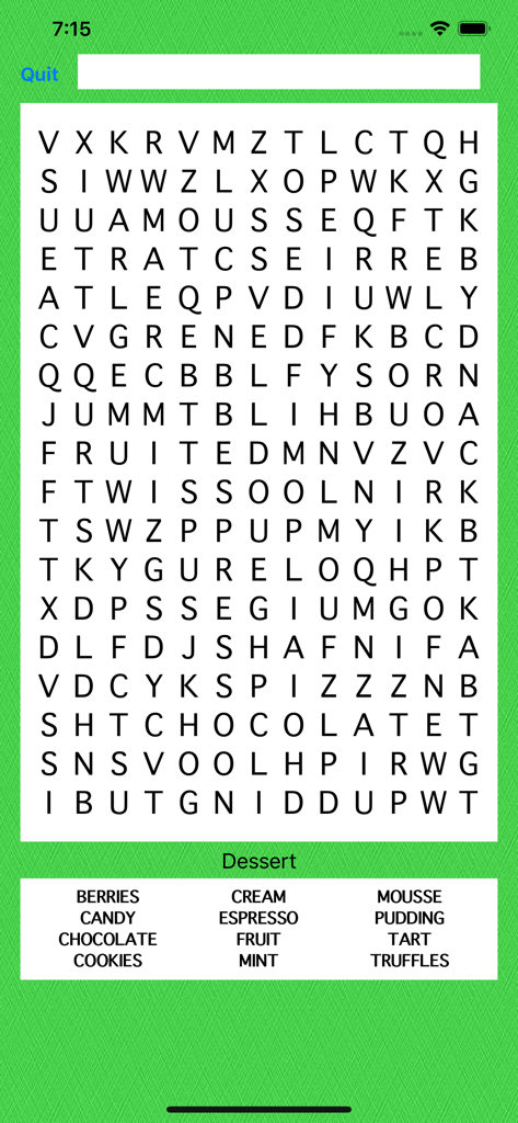 Food Word Search - A word search grid featuring dessert themed words like chocolate and mousse on a green background