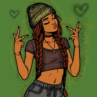 realistic teenage girl with braids and a beanie and crop top doing 🫶🏼