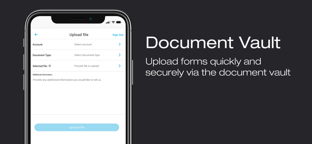 Firstmac Money - A smartphone screen showing the Document Vault interface in the Firstmac Money app for uploading forms securely