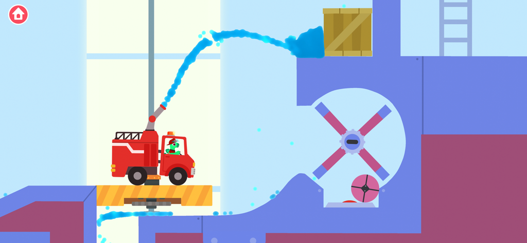 A dinosaur driving a red fire truck and spraying a water stream to move a wooden crate in a physics-based educational game for kids.