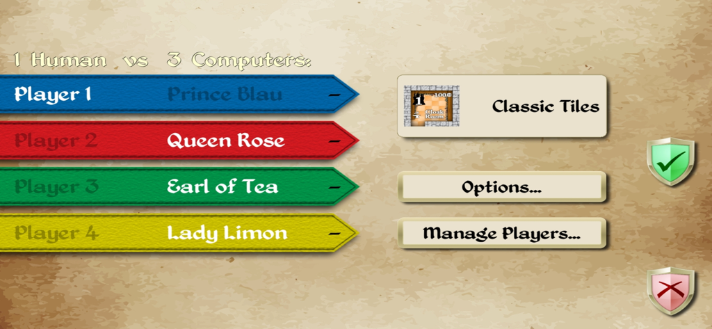 Castles of Mad King Ludwig - Pantalla de configuración de partida para Castles of Mad King Ludwig que muestra un jugador humano y tres oponentes de IA