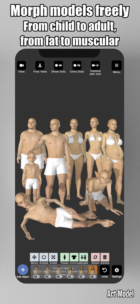 Art Model - Pose & morph tool - Screenshot of Art Model app showing diverse 3D character models with different body shapes and ages