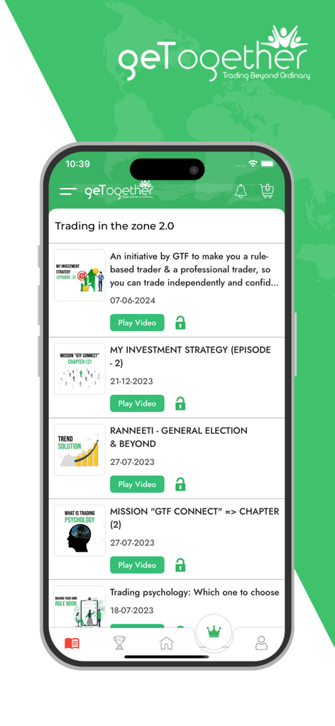 Tela do aplicativo GTF exibindo uma lista de aulas em vídeo de trading e investimento no mercado de ações