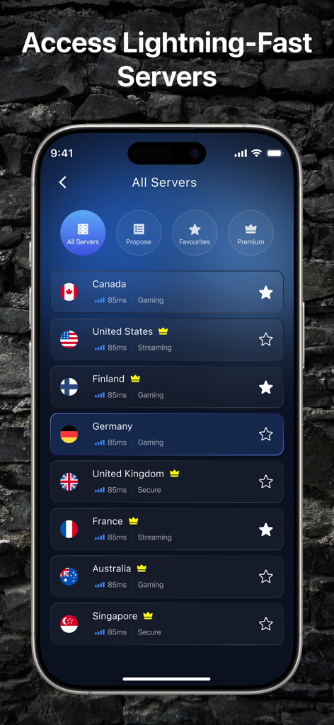 Turret VPN - Turret VPN app interface showing a list of global servers with ping times and specialized activity modes for gaming and streaming.