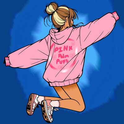 realistic girl jumping with a bun and oversized sweatshirt