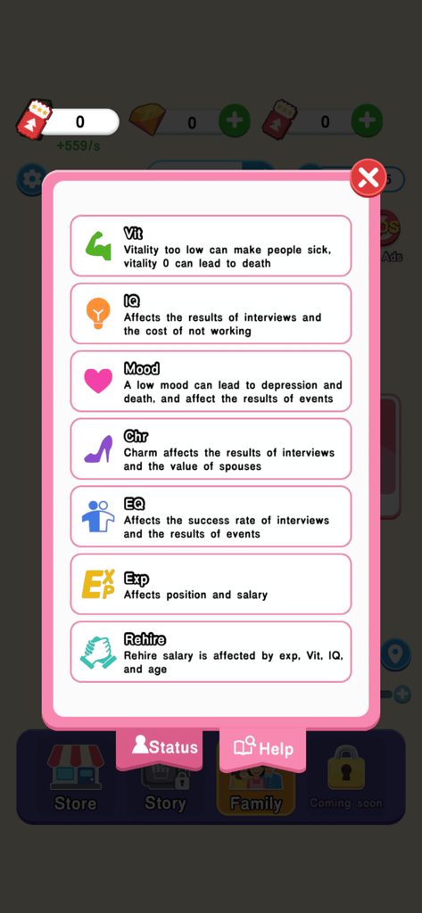 A pop-up menu in the My Way My Life game showing character attributes like Vitality, IQ, Mood, and EQ with their descriptions.