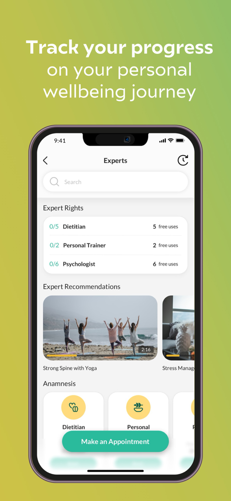 Wellbees app interface showing expert rights for dietitian personal trainer and psychologist consultations
