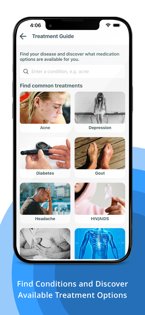Pill Identifier & Drug Search - Treatment guide screen in the Pill Identifier app showing common medical conditions and search options for drugs.