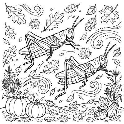 Capture the essence of autumn with this charming coloring page featuring two lively grasshoppers. Surrounded by pumpkins, corn, and various fall leaves, it offers a delightful scene perfect for creative expression.