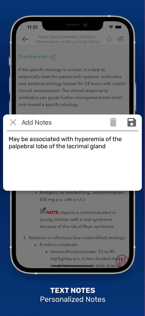 The Wills Eye Manual - A screenshot of The Wills Eye Manual app showing the personalized text notes interface over medical treatment information.