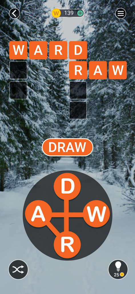Crossword Jam: Fun Word Search - Gameplay of Crossword Jam showing a word puzzle and letter wheel set against a relaxing snowy forest background.