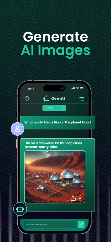 Gem AI: Ask Chat Bot Assistant - Gem AI mobile app interface showing a chat prompt about life on Mars and a generated image of a futuristic city on the planet