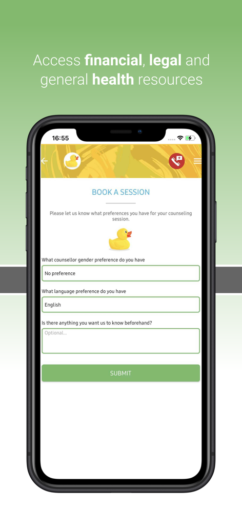 Reality Wellness Group - Pantalla de la aplicación Reality Wellness Group para reservar una sesión de consejería con configuraciones de preferencia