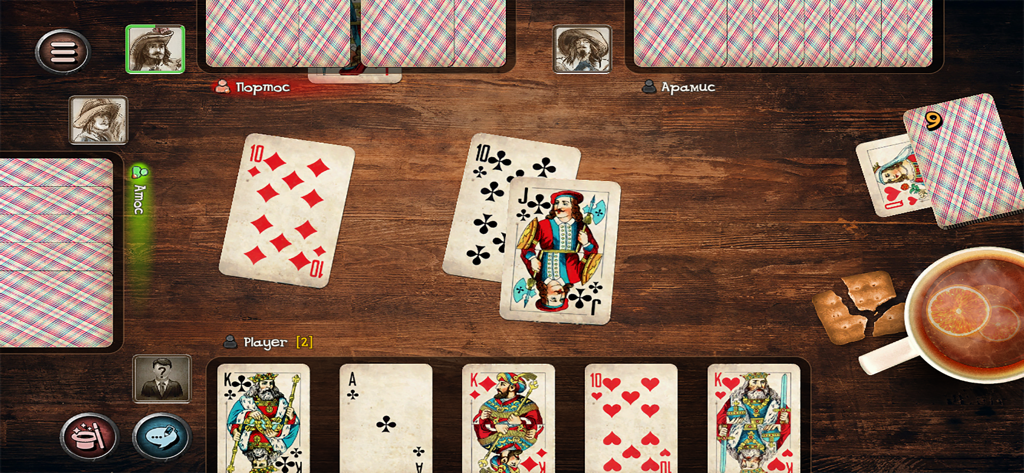 Durak game - Durak card game session on a digital wooden table with playing cards and opponents