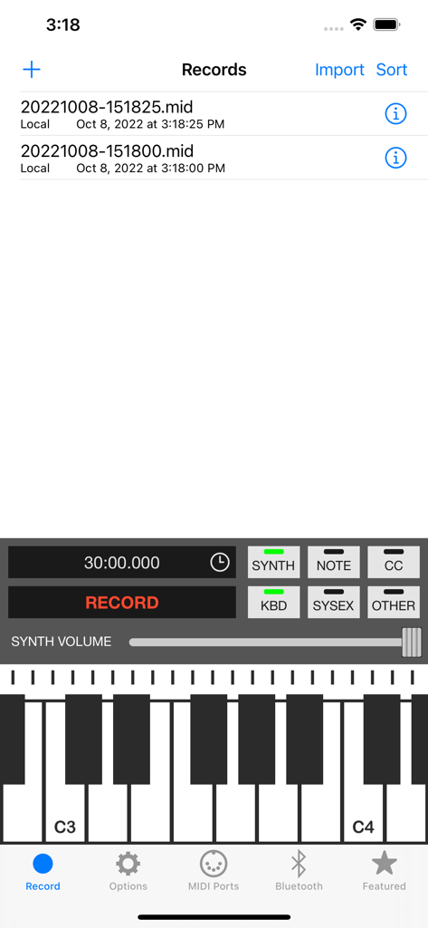 Interface of the MIDI Recorder app showing a recording list and on-screen piano keyboard