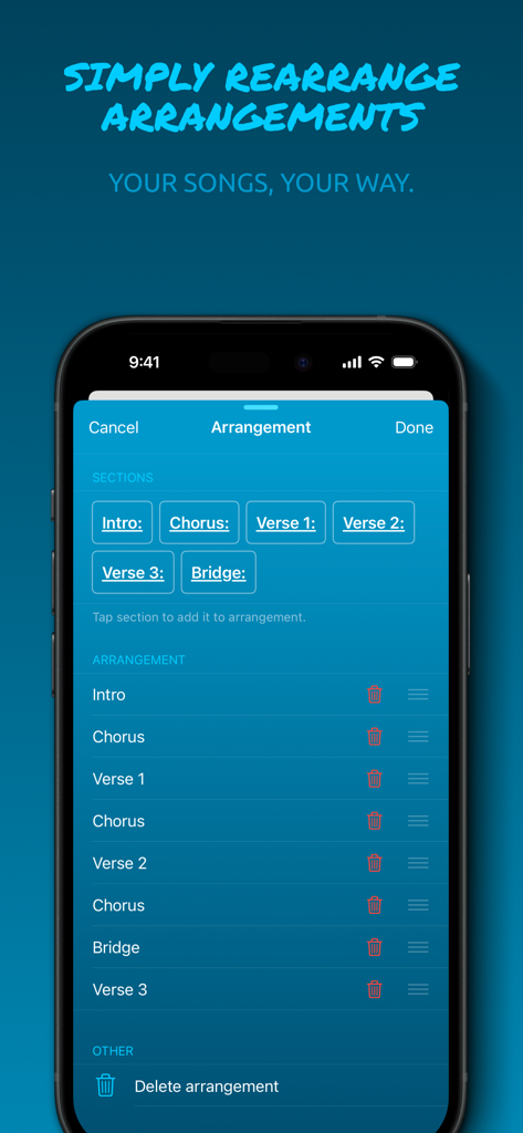 JustChords - A mobile interface for rearranging song sections like intro chorus and verses in the JustChords app