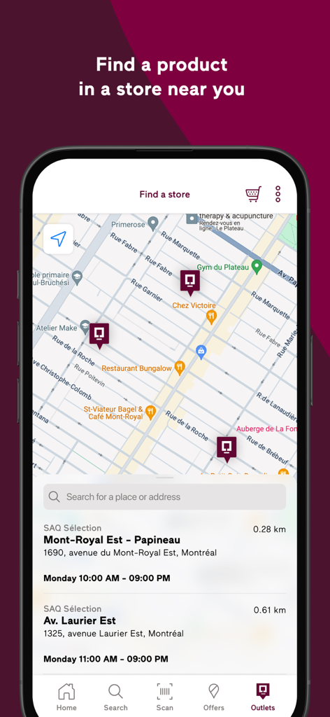 A mobile app screen showing the SAQ store locator feature with a map of Montreal and a list of nearby retail locations with opening hours.
