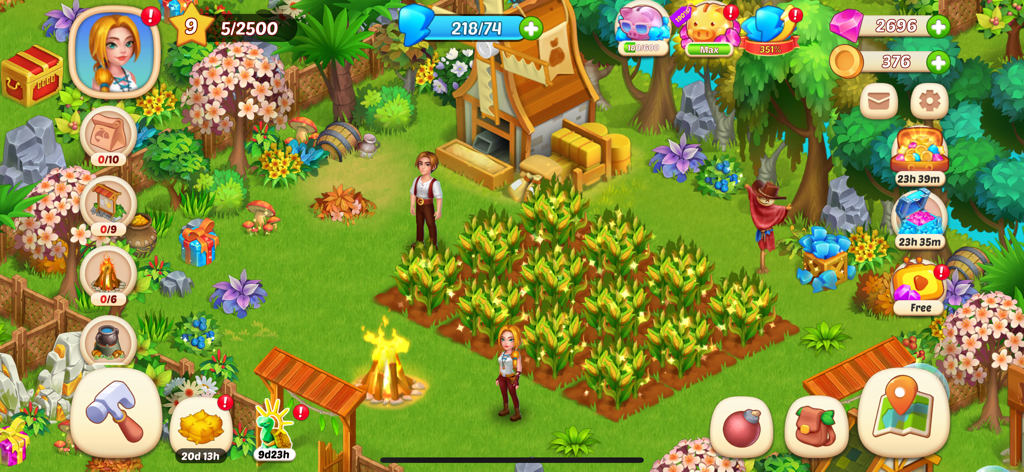 Dreamy Harvest: Farm Island - A vibrant tropical island farm with characters harvesting corn and a windmill in Dreamy Harvest
