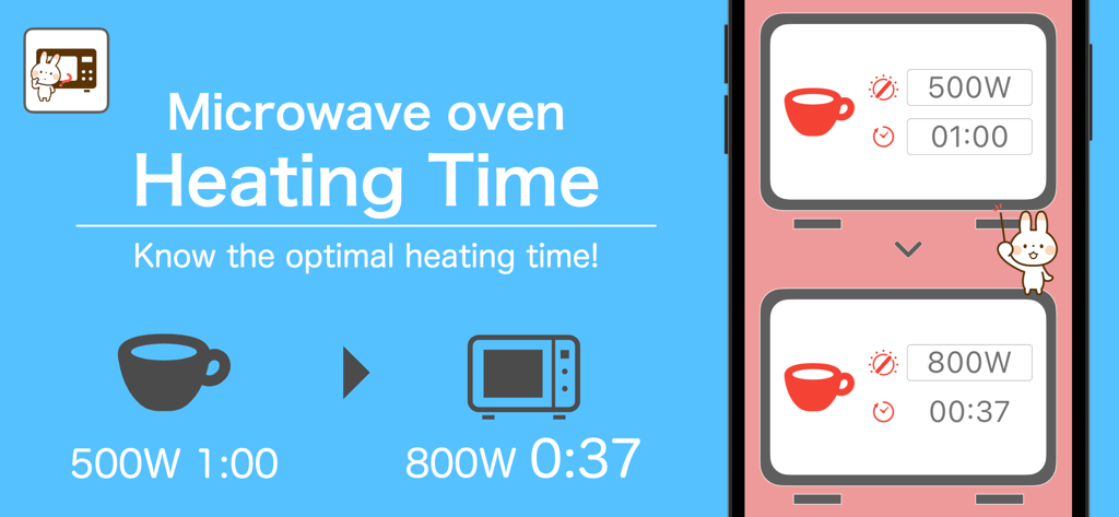 Microwave Time Calc - App interface showing microwave wattage conversion from 500W for 1 minute to 800W for 37 seconds