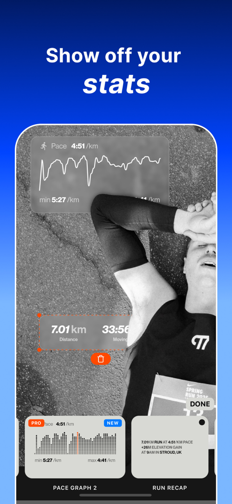 Fitshot - Un écran de l'application Fitshot montrant les statistiques de rythme et de distance d'un entraînement superposées à la photo d'un coureur.